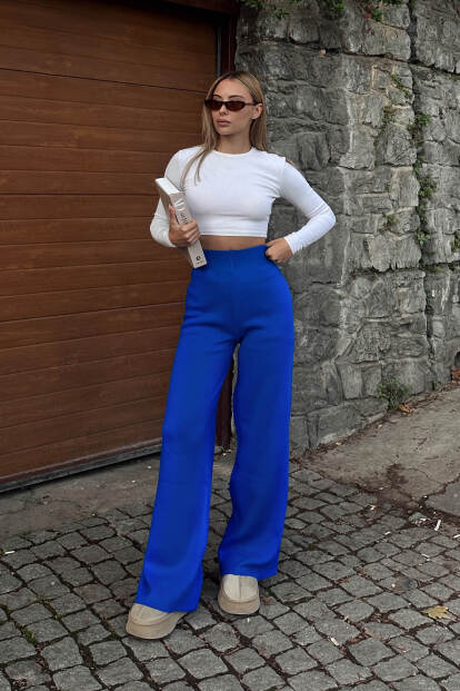 Saks Mavisi Yüksek Bel Beli Lastikli Kadın Triko Pantolon - 3