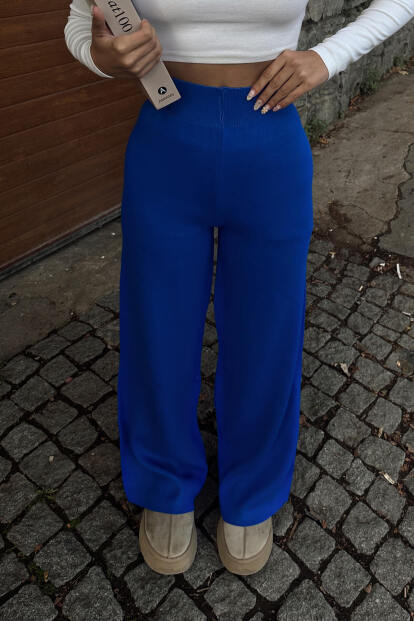 Saks Mavisi Yüksek Bel Beli Lastikli Kadın Triko Pantolon - 4