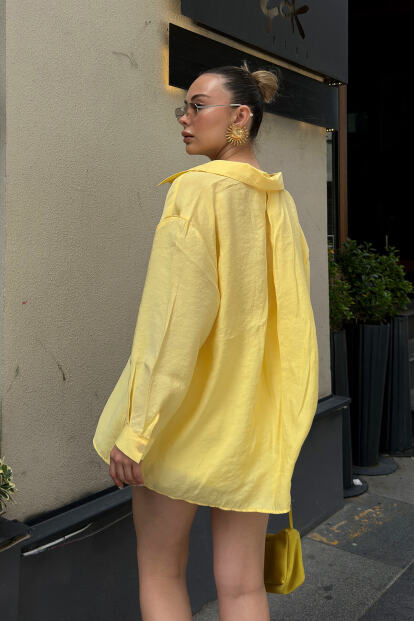 Sarı Due Oversize Modal A Pile Tek Cepli Kadın Gömlek - 5