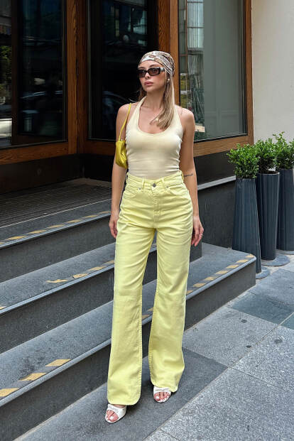 Sarı Paça Detaylı Yüksek Bel Wide Leg Kadın Jean - 3