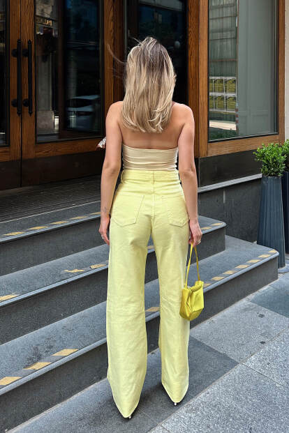 Sarı Paça Detaylı Yüksek Bel Wide Leg Kadın Jean - 5