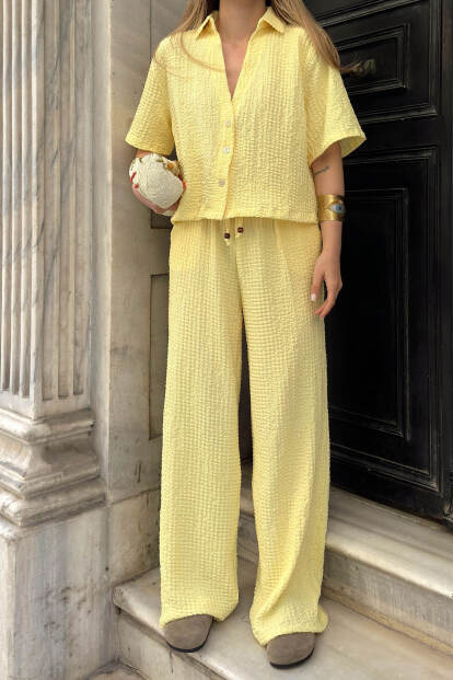 Sarı Polo Yaka Crop Pantolon Kadın Bürümcük Alt Üst Takım - 4