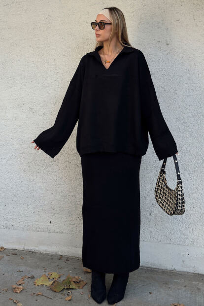 Siyah Ajurlu Polo Yaka Kazak-Midi Etek Kadın Triko Alt Üst Takım - 1