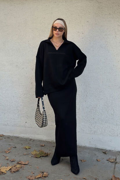 Siyah Ajurlu Polo Yaka Kazak-Midi Etek Kadın Triko Alt Üst Takım - 2