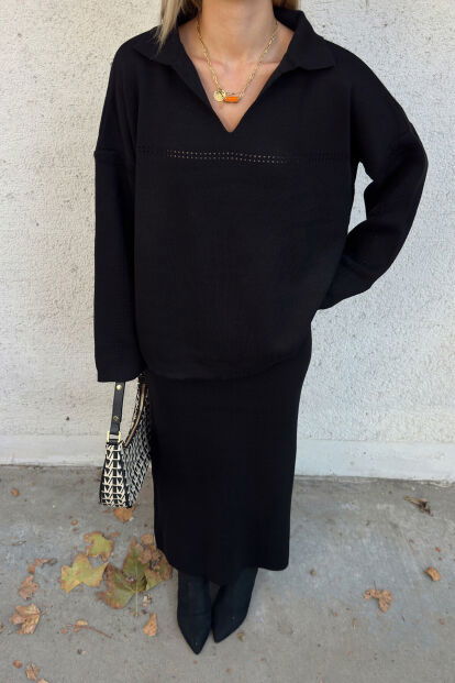 Siyah Ajurlu Polo Yaka Kazak-Midi Etek Kadın Triko Alt Üst Takım - 4