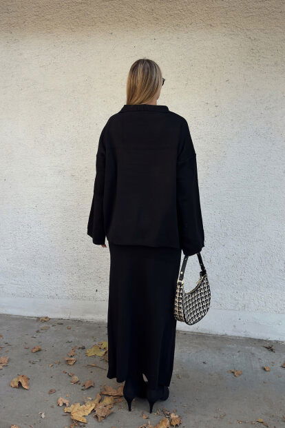 Siyah Ajurlu Polo Yaka Kazak-Midi Etek Kadın Triko Alt Üst Takım - 5