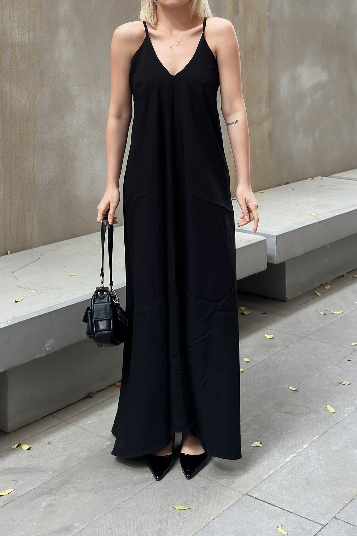 Siyah Askılı Relaxed Salaş Kadın Keten Midi Elbise - 4
