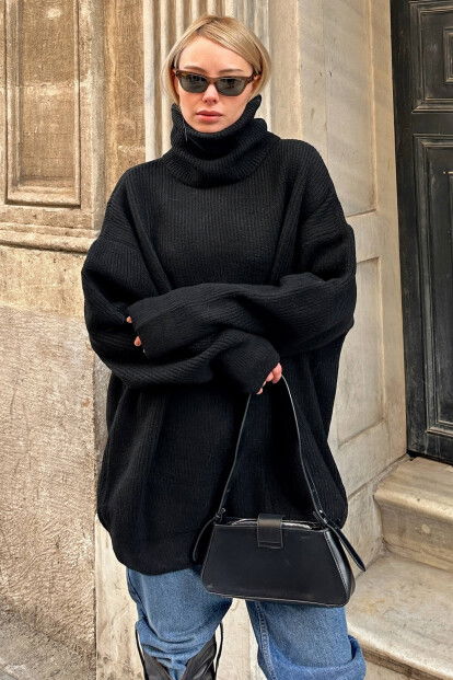 Siyah Balıkçı Yaka Oversize Long Örgü Kadın Triko Kazak - 1