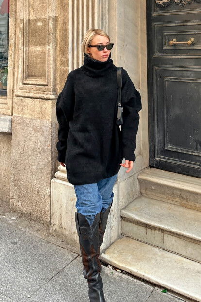 Siyah Balıkçı Yaka Oversize Long Örgü Kadın Triko Kazak - 2