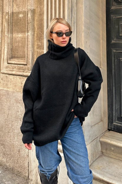 Siyah Balıkçı Yaka Oversize Long Örgü Kadın Triko Kazak - 3