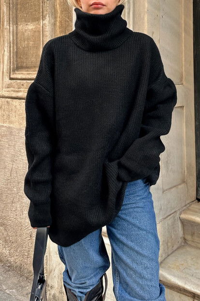 Siyah Balıkçı Yaka Oversize Long Örgü Kadın Triko Kazak - 4