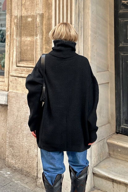 Siyah Balıkçı Yaka Oversize Long Örgü Kadın Triko Kazak - 5
