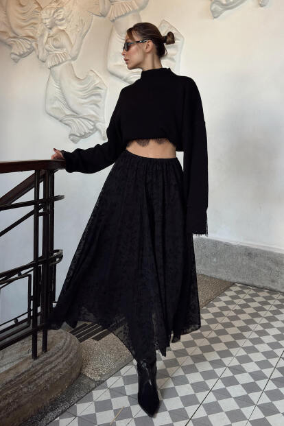 Siyah Beli Lastikli Astarlı Flok Baskılı Asimetrik Kadın Midi Etek - 2