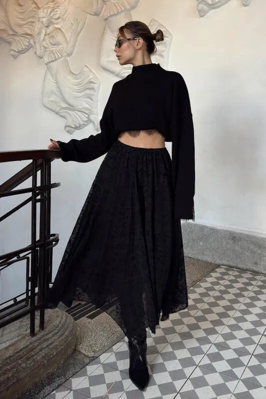 Siyah Beli Lastikli Astarlı Flok Baskılı Asimetrik Kadın Midi Etek - SWİST (1)