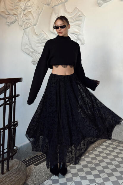 Siyah Beli Lastikli Astarlı Flok Baskılı Asimetrik Kadın Midi Etek - 3