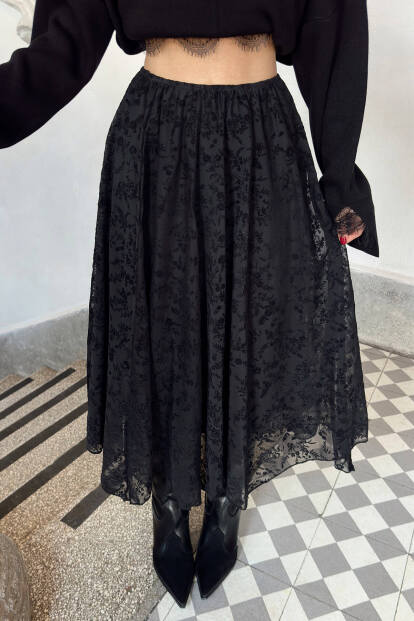 Siyah Beli Lastikli Astarlı Flok Baskılı Asimetrik Kadın Midi Etek - 4
