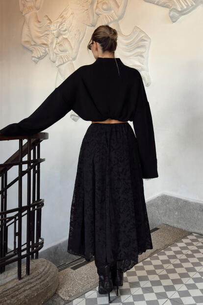 Siyah Beli Lastikli Astarlı Flok Baskılı Asimetrik Kadın Midi Etek - 5