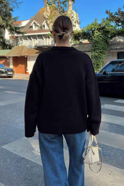 Siyah Biscuit Bisiklet Yaka Oversize Kadın Triko Kazak - 5