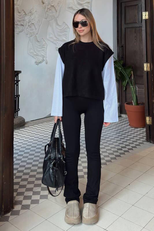 Siyah Bisiklet Yaka Beyaz Kol Garnili Kadın Crop Sweat - SWİST (1)