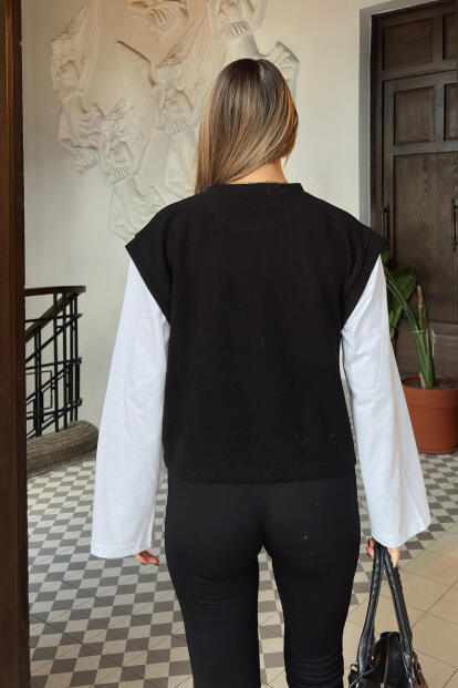 Siyah Bisiklet Yaka Beyaz Kol Garnili Kadın Crop Sweat - 5