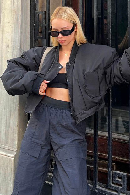 Siyah Bomber Yaka Crop Kadın Kalın Şişme Mont - 1