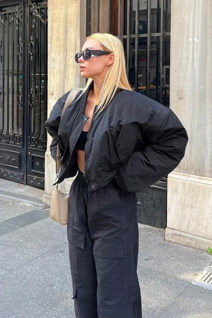 Siyah Bomber Yaka Crop Kadın Kalın Şişme Mont - 3