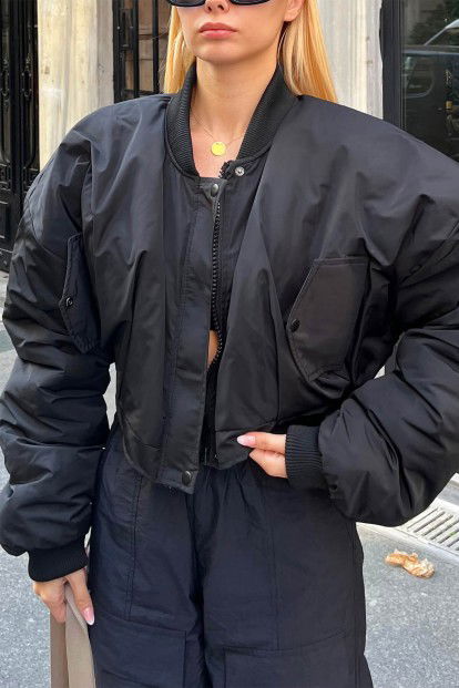 Siyah Bomber Yaka Crop Kadın Kalın Şişme Mont - 4