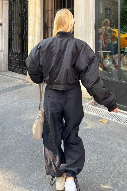 Siyah Bomber Yaka Crop Kadın Kalın Şişme Mont - 5