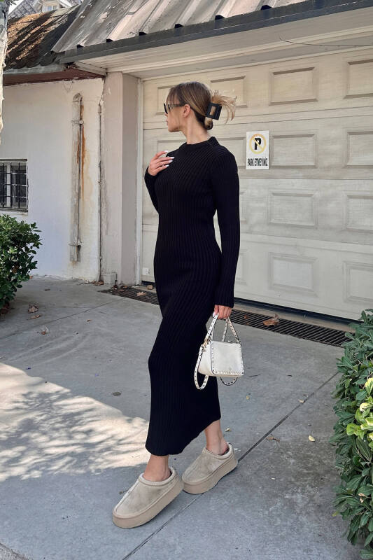 Siyah Bria Bisiklet Yaka Kadın Kalın Triko Midi Elbise - SWİST (1)