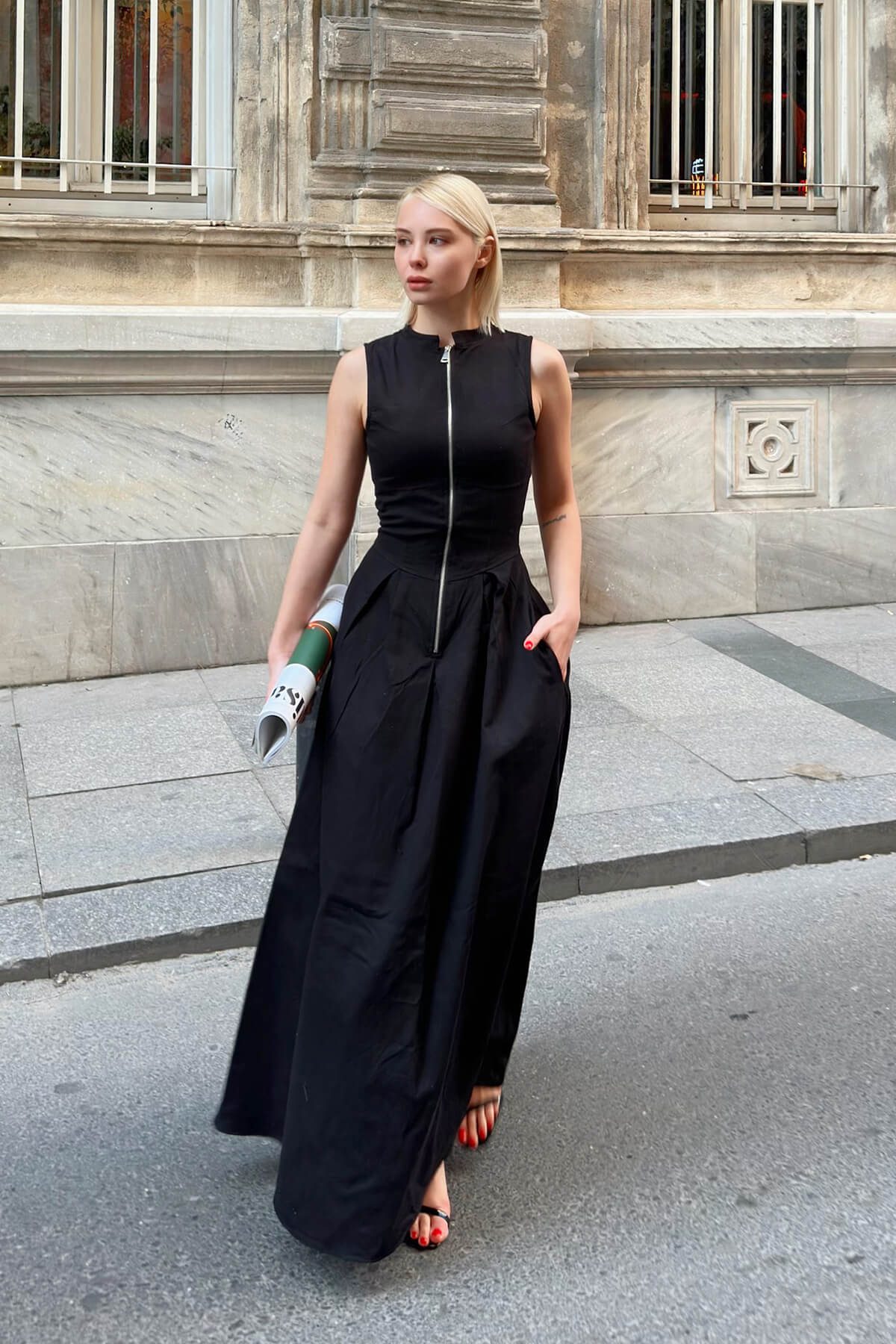 Siyah Cris Fermuarlı Çift Cep Pileli Kadın Midi Elbise - 2