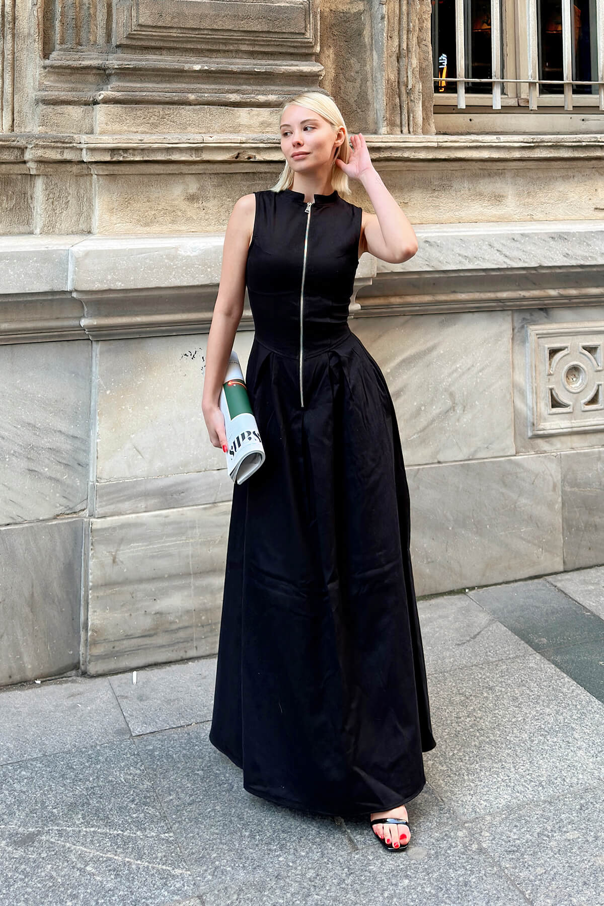 Siyah Cris Fermuarlı Çift Cep Pileli Kadın Midi Elbise - 3