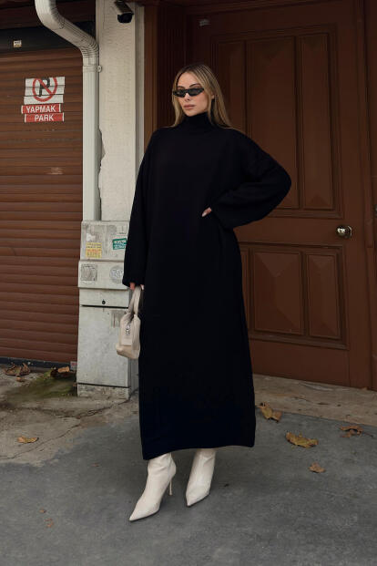 Siyah Daly Yarım Balıkçı Oversize Kadın Triko Midi Elbise - 2
