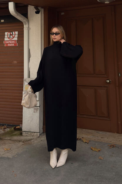 Siyah Daly Yarım Balıkçı Oversize Kadın Triko Midi Elbise - 3
