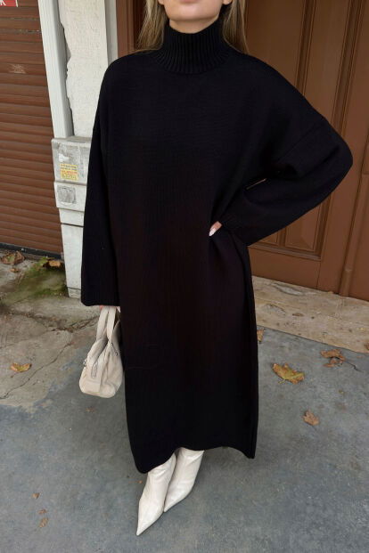 Siyah Daly Yarım Balıkçı Oversize Kadın Triko Midi Elbise - 4
