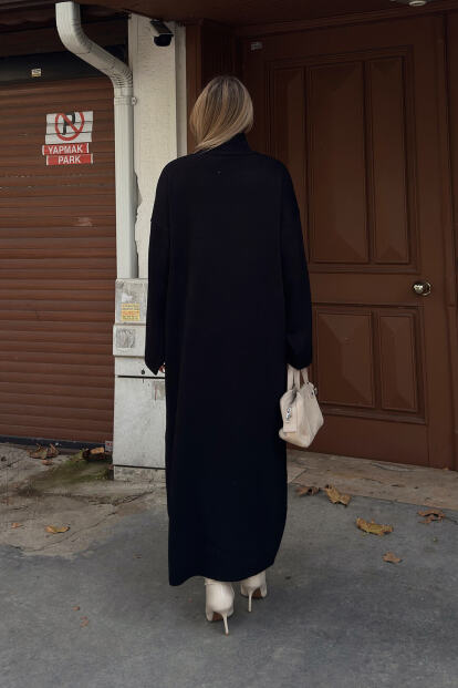 Siyah Daly Yarım Balıkçı Oversize Kadın Triko Midi Elbise - 5
