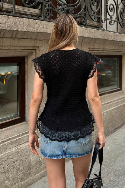 Siyah Fisto Detaylı Ajurlu Bisiklet Yaka Kadın Triko Yelek - 5