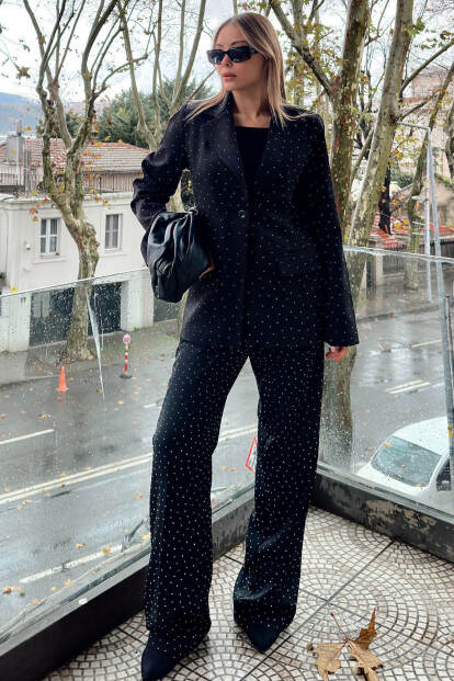 Siyah Full Taşlı Blazer Ceket Yüksek Bel Pantolon Kadın Alt Üst Takım - 1