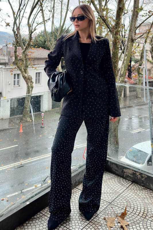 Siyah Full Taşlı Blazer Ceket Yüksek Bel Pantolon Kadın Alt Üst Takım - SWİST