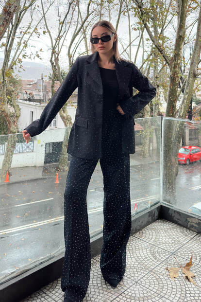 Siyah Full Taşlı Blazer Ceket Yüksek Bel Pantolon Kadın Alt Üst Takım - 2