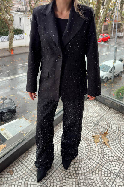 Siyah Full Taşlı Blazer Ceket Yüksek Bel Pantolon Kadın Alt Üst Takım - 4