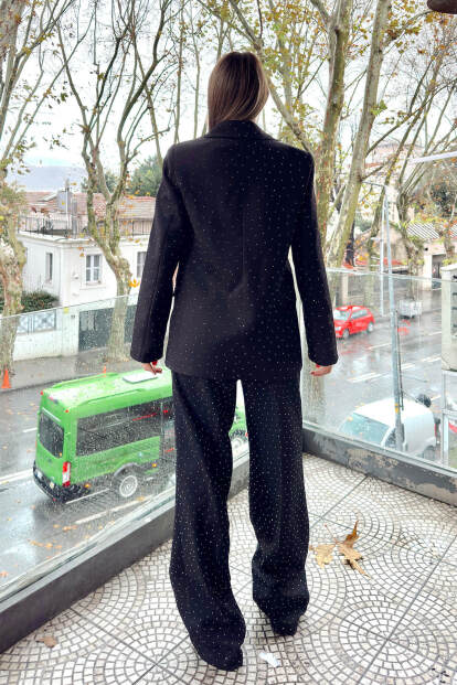 Siyah Full Taşlı Blazer Ceket Yüksek Bel Pantolon Kadın Alt Üst Takım - 5