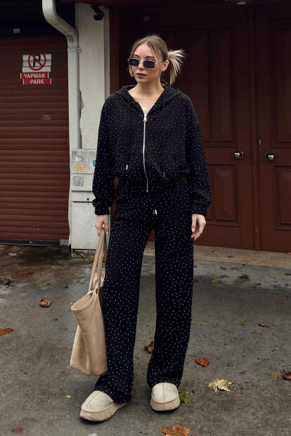 Siyah Full Taşlı Kapüşonlu Fermuarlı Hırka Eşofman Altı Kadın Alt Üst Takım - 2