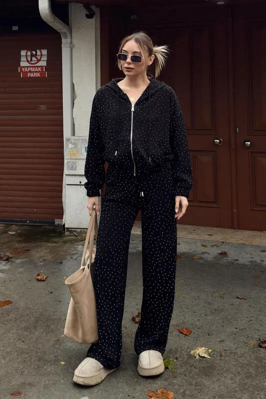 Siyah Full Taşlı Kapüşonlu Fermuarlı Hırka Eşofman Altı Kadın Alt Üst Takım - SWİST (1)