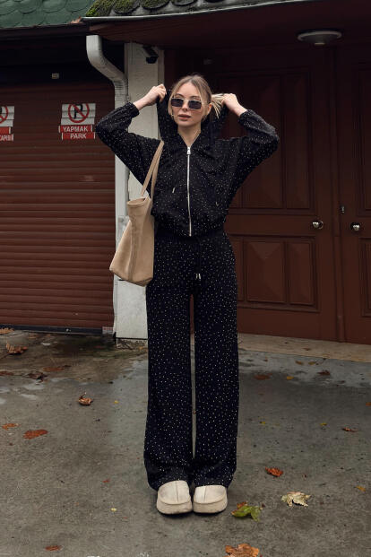 Siyah Full Taşlı Kapüşonlu Fermuarlı Hırka Eşofman Altı Kadın Alt Üst Takım - 3