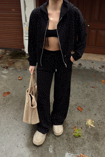 Siyah Full Taşlı Kapüşonlu Fermuarlı Hırka Eşofman Altı Kadın Alt Üst Takım - 4