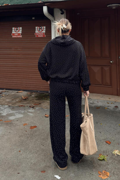 Siyah Full Taşlı Kapüşonlu Fermuarlı Hırka Eşofman Altı Kadın Alt Üst Takım - 5