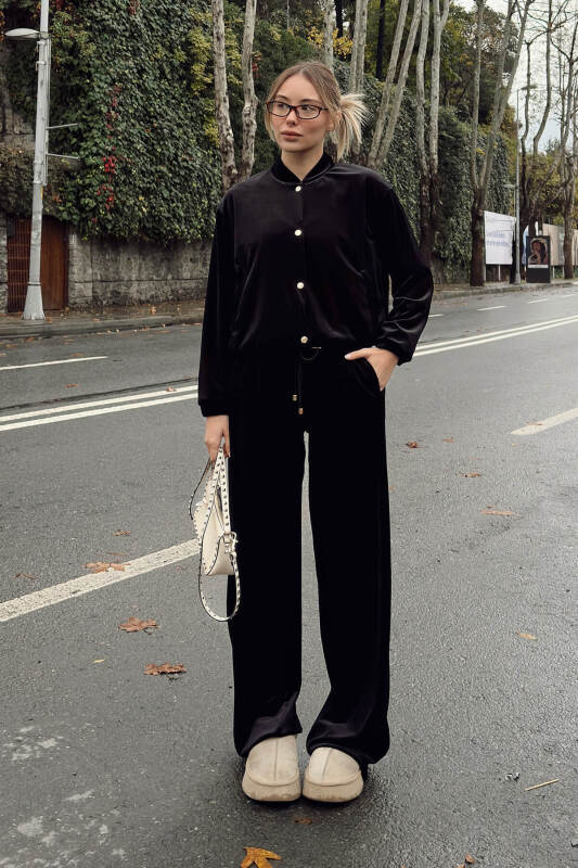 Siyah Kadife Gold Çıt Çıt Kapama Hırka Pantolon Kadın Alt Üst Takım - SWİST (1)