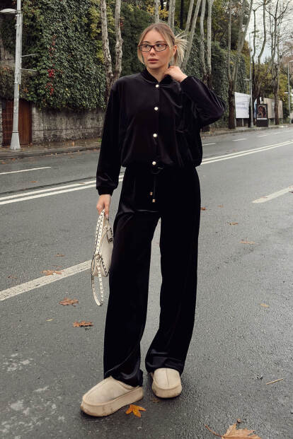 Siyah Kadife Gold Çıt Çıt Kapama Hırka Pantolon Kadın Alt Üst Takım - 3