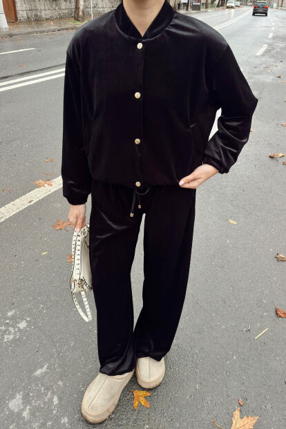 Siyah Kadife Gold Çıt Çıt Kapama Hırka Pantolon Kadın Alt Üst Takım - 4