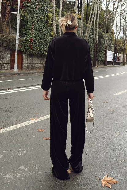 Siyah Kadife Gold Çıt Çıt Kapama Hırka Pantolon Kadın Alt Üst Takım - 5